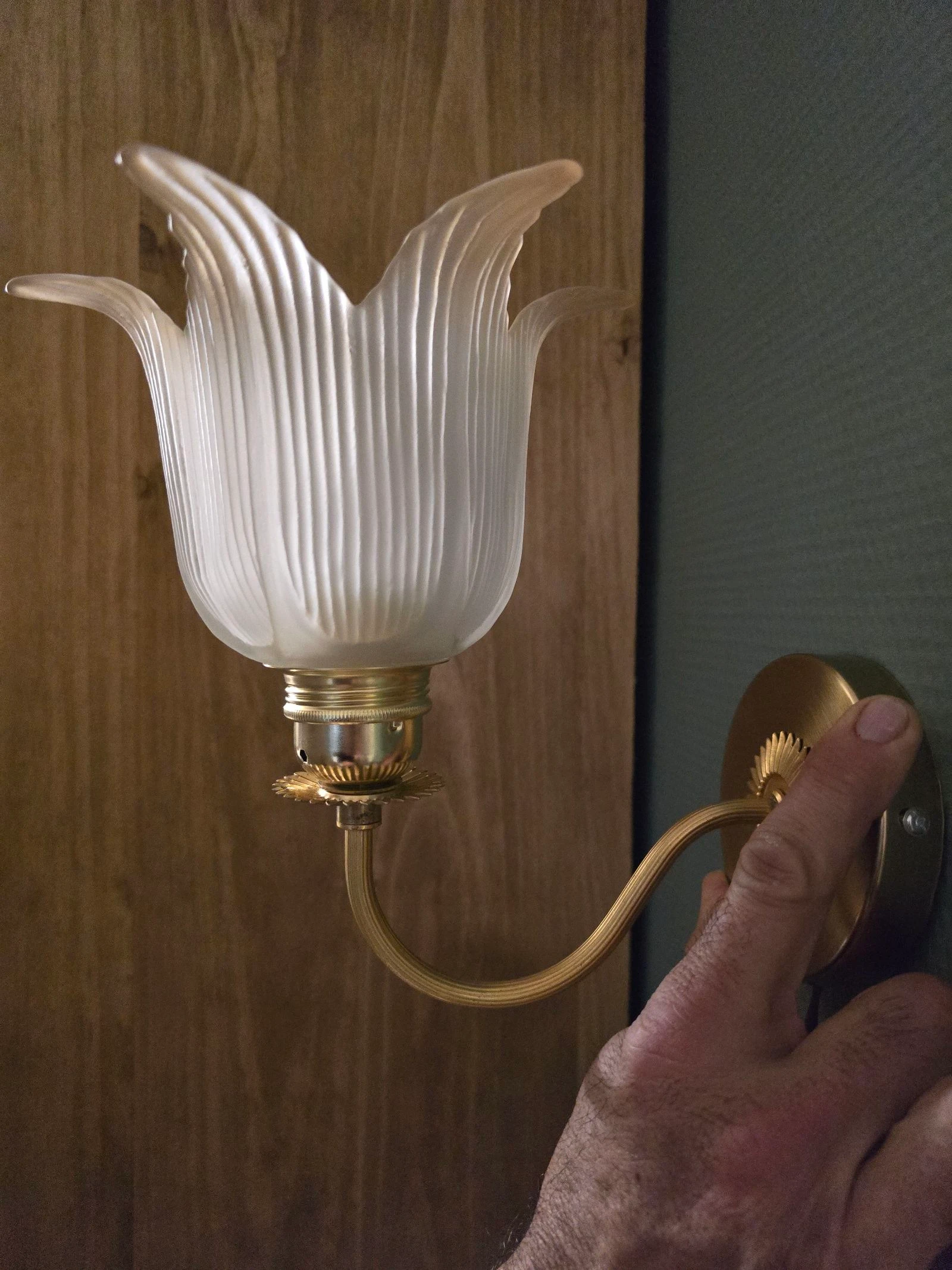 Lámpara de pared original de latón, madera y tulipa vintage en vidrio esmerilado – photo 2